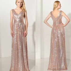 𝅺KATE Kasin Rose Gold Sequin Pleated V-neck Sleeveless Stretchy Column Dress 6